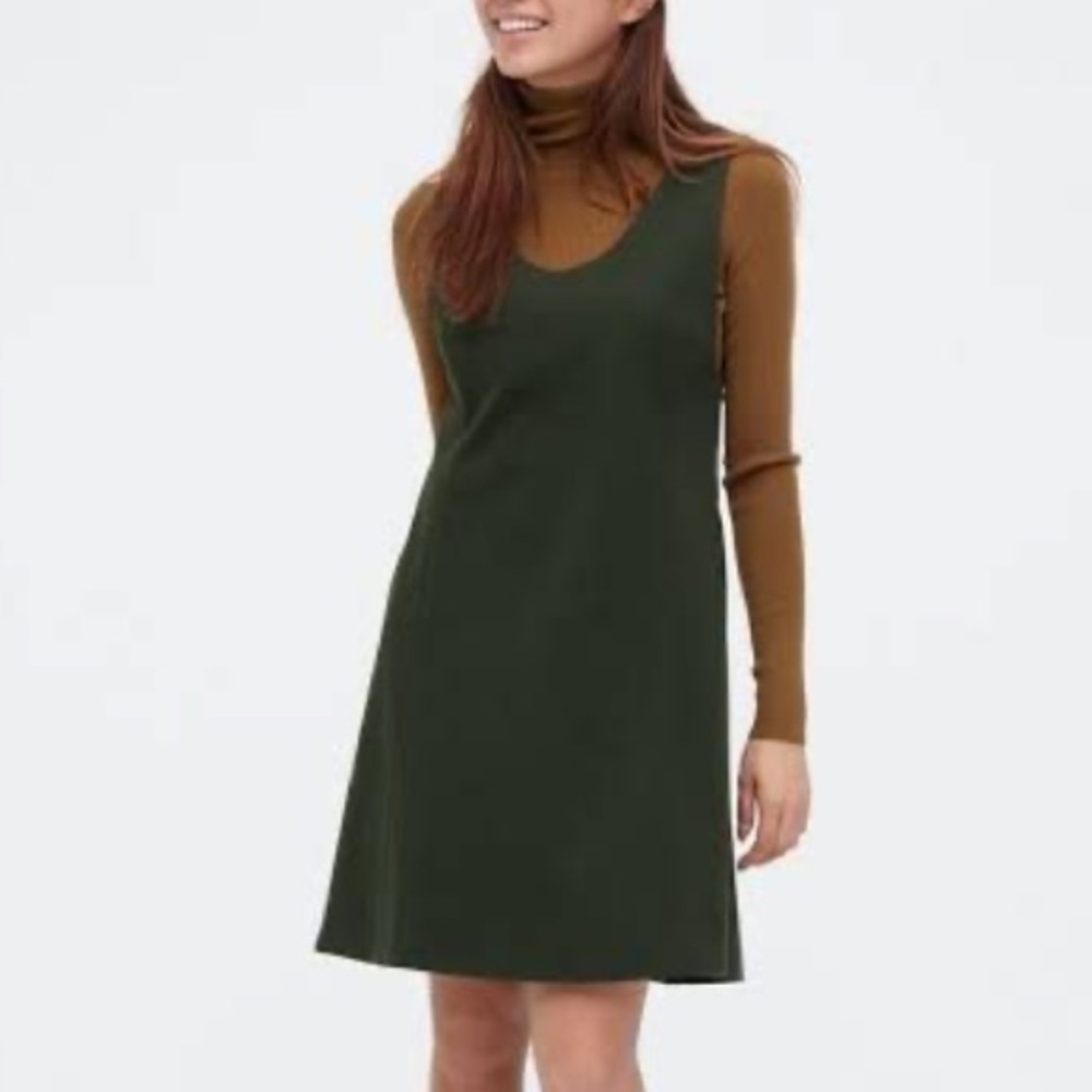 Uniqlo Brushed Jersey Jumper Skirt Dark Green Dress U-Neck Size L Large Pockets